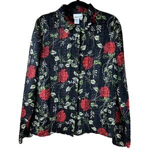 Vintage Coldwater Creek Women Size Large Button Down Rose Crinkle Beaded Top